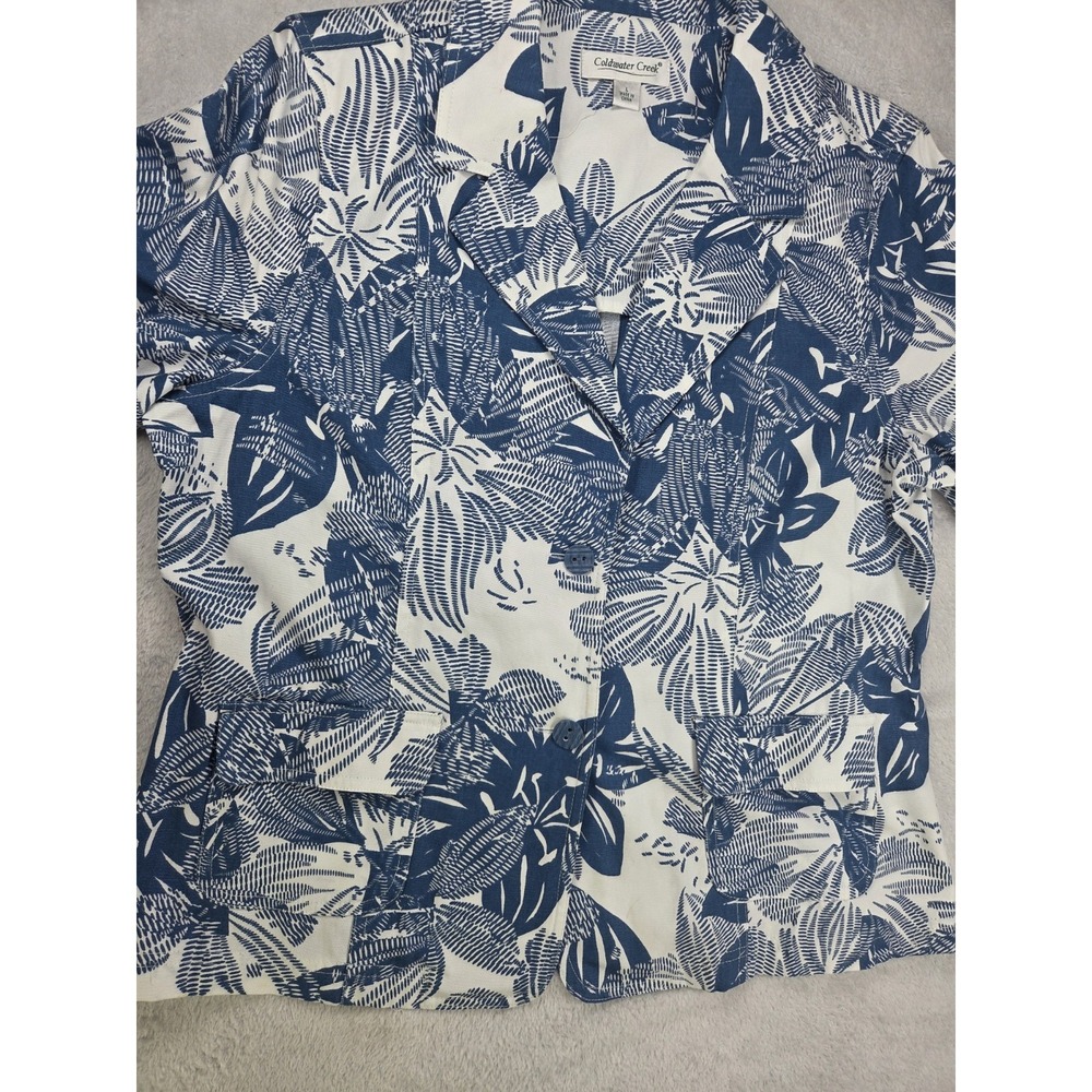 Coldwater Creek Womens L Blue White Tropical Leaf Cotton Blazer Jacket Coastal - Picture 4 of 9